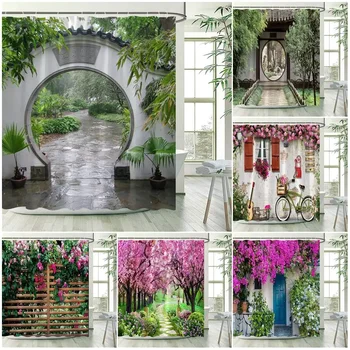 Zahradní Krajina Sprchové Závěsy Čínském Stylu Klenuté Dveře Zelené Rostliny Plot Růžové Květy Vodotěsné Koupelna Dekor s Háčky