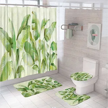 Zelené Listy Tisk Sprchový Závěs Tropických Rostlin Palmových Listů Žaluzie Koupelna Anti-slip Vana Mat Set Wc Koberce Koberec Doma