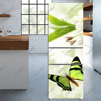 Zelený Motýl Lednice Dveře Flower Print Kryt Samolepka na Zeď samolepící Květ Lednice Nálepky Domácí Dekorace Tapety