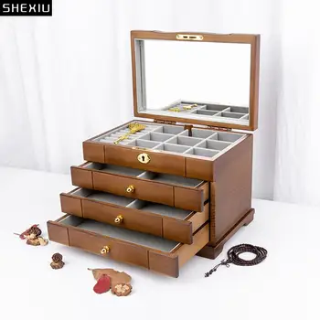Zásuvka Typu Multi-vrstva Samostatné Mřížky Úložný Box se Zámkem Make-up Box Kosmetickým Zrcadlem Šperky Organizátor Náušnice Visí na oblečení