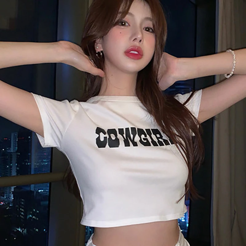 Ženy Harajuku Dopis Tisk Krátký T-košile Módní korejský Styl Krátký Rukáv O-Neck Slim Crop Top