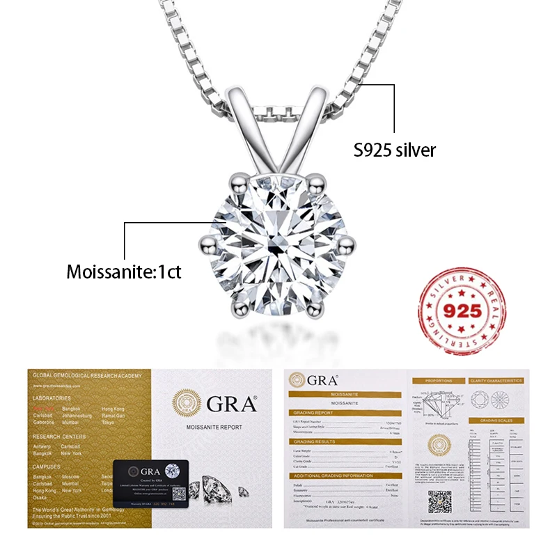 1Carat Moissanite Diamant S925 Sterling Silver Náhrdelníky Pro Ženy D Barva S GRA Osvědčení Mohou Být Detekovány Vrtačka Pero