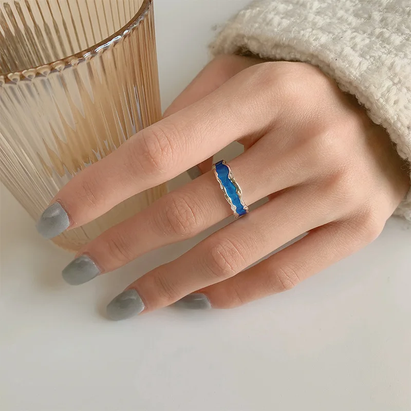 Minimalismus Stříbrné Geometrické Modré Prsteny pro Ženy, Muže, Pár Jednoduchých korejský Módní Nastavitelný Ručně vyráběné Zásnubní Prsten, Příslušenství