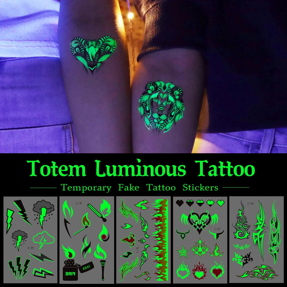 Světelný Lesklé Strany, Dočasné Tetování, Samolepky, Totem Fire Tribal Vzor Falešné Tetování Svítící Ve Tmě Malé Tetování Obtisky