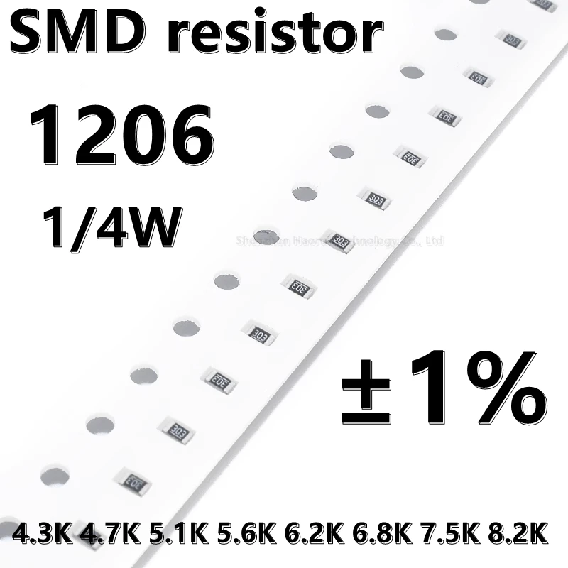 (100ks) 1206 SMD odpor 1% 4.3 K 4.7 K, 5.1 K, 5.6 K 6.2 K 6.8 K, 7.5 K 8.2. K 1/4W vyšší kvalitu