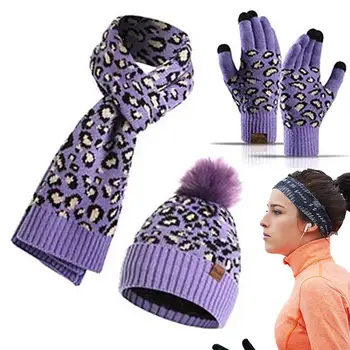 Čepice Šátek Rukavice Sada pro Ženy Teplé Beanie Hat Set s Roztomilý Leopard Tisk Útulné Zimní Dárky Krku Šátky pro lyžování kempování