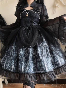 Černé Gothic Elegantní Lolita Šaty Ženy Světlice Rukávem Vintage Večerní Party Midi Šaty Krajka Y2k Kawaii Princezna Šaty Ženské 2024