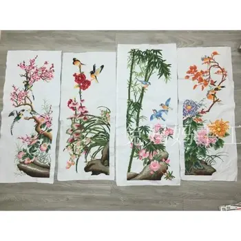 Čistá ruční kříž steh hotového výrobku, švestka, orchidej, bambus, chryzantéma, čtyři propojené květiny, zpěv ptáků, květiny