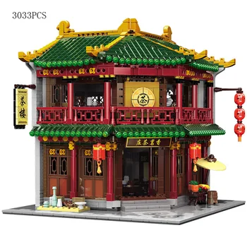 Čínská Čtvrť Města, Street View, Architektura China Tea Shop Stavební Blok Ulic Čajovně Model Cihly Postavy Sestavit Hračky