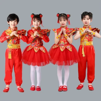 Čínské Tradiční Styl, Chlapec, Dívka, Čínský Nový Rok Oblečení Děti Red Lidový Tanec Kostýmy Stage Party Festival Hanfu Nosit