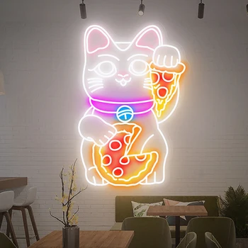 Štěstí Kočka s Pizza Neon Podepsat Japonský Custom Neon Znamení pro Podnikání, Obchod Přední Signage Roztomilé Anime Neon Wall Decor Led Světlo
