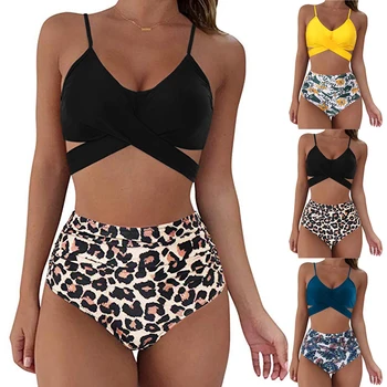 Ženské Dvoudílné Plavky Jednobarevné Špagety Popruh Bikini Topy+ Leopard Tisk Bikini Kalhotky Žlutá/Černá/Modrá