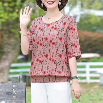 Ženy Oblečení 2023 Letní Květinové Tisk Vintage Elegantní trička Korean Módní Kulatý Výstřih Krátký Rukáv Ležérní Volné Dámy Topy