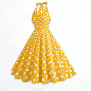 Ženy Vintage Yellow Polka Dot Šaty Retro Rockabilly Popruh Podvazky Koktejl Párty, 1950, 40s Swing Šaty Letní Šaty