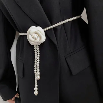 Dámské Elegantní Perlový Tkaniny Květina Sladké Módní Elegantní Camellia Pasu Řetěz Textura Šaty Ženy Dekorativní Pás